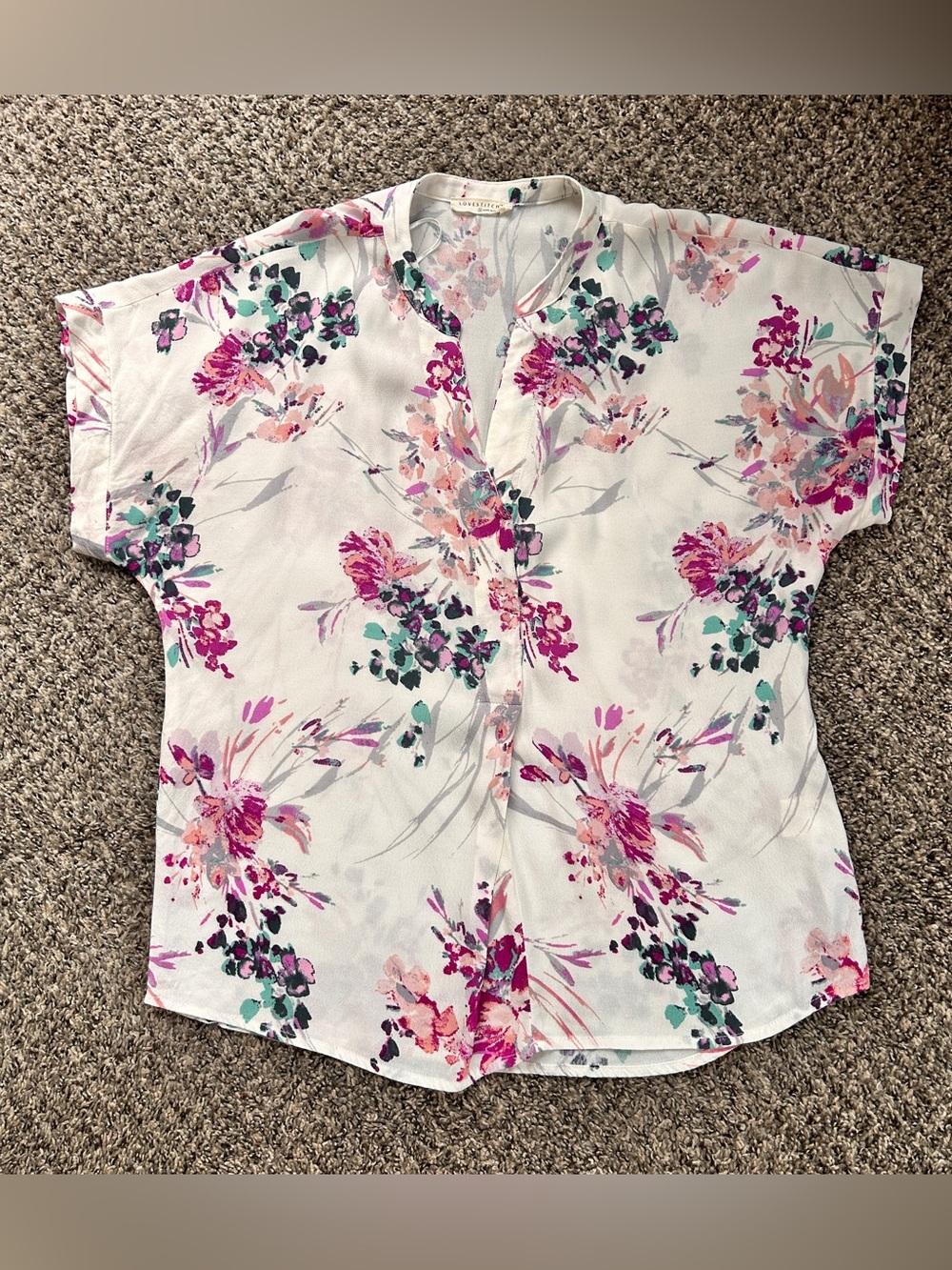 lovestitch White Floral Blouse with Pink & Teal Accents Size S